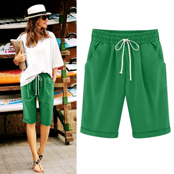 QATAINLAV Linen Short Women Plus, Women's Cotton Shorts Summer Loose Fit Knee Length Shorts with Drawstring Casual Solid Color Going Out Shorts, Bermudas Para Mujer, Green, S