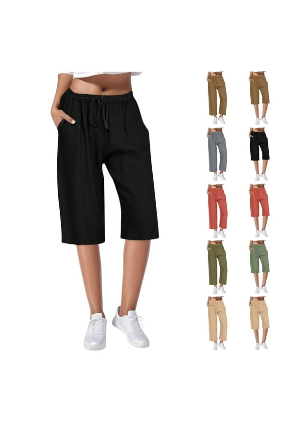 Linen Shorts for Women Knee Length Bermuda Shorts Summer Casual Drawstring Lounge Shorts 2025 Basic Solid Straight Leg Shorts with Pockets Lightning Sales Today Khaki S