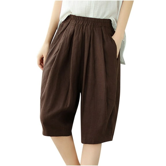 QATAINLAV Linen Shorts for Women Summer Casual Bermuda Shorts Lightweight Elastic Waist Beach Shorts Loose Knee-Length Wide Leg Shorts with Pockets Bermudas Para Mujer Para Verano Coffee L