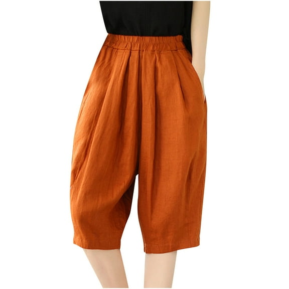 QATAINLAV Linen Shorts for Women Summer Casual Bermuda Shorts Lightweight Elastic Waist Beach Shorts Loose Knee-Length Wide Leg Shorts with Pockets Lightening Sale Orange L