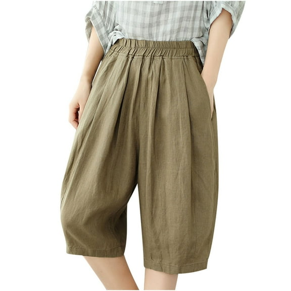 QATAINLAV Linen Shorts for Women Summer Casual Bermuda Shorts Lightweight Elastic Waist Beach Shorts Loose Knee-Length Wide Leg Shorts with Pockets Oferta Flash Para Hoy Green XL