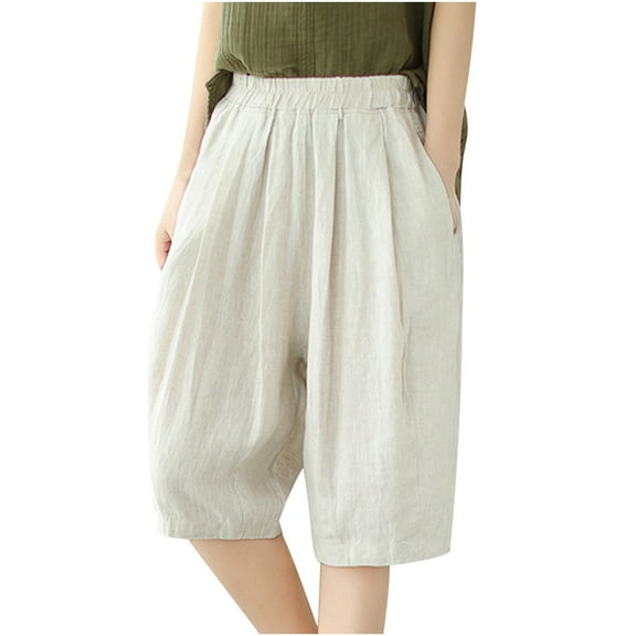 QATAINLAV Linen Shorts for Women Summer Casual Bermuda Shorts Lightweight Elastic Waist Beach Shorts Loose Knee-Length Wide Leg Shorts with Pockets Ofertas Flash Del Dia Beige L