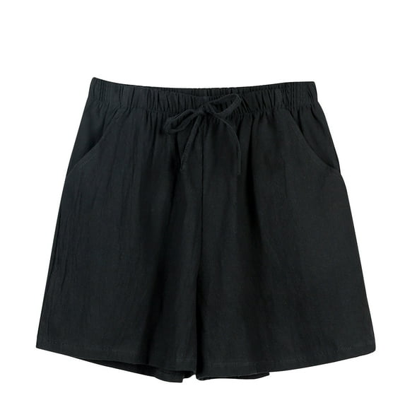 QATAINLAV Linen Shorts for Women, Summer Loose Wide Leg Workout Shorts Casual Drawstring Beach Shorts Basic Solid Color Crepe Shorts with Pocket Summer Savings Black XXL