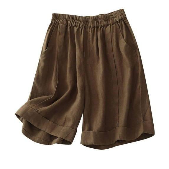 QATAINLAV Linen Shorts for Women, Women's Athletic Shorts 2024 Summer Casual Linen Shorts Solid Color Pocketed Short Pants Gym High Waisted Elastic Workout Shorts, Coffee, M