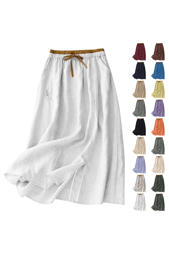 Linen Skirts for Womens Dressy Embroidery Mid Long Skirts Lightweight Casual Drawstring High Waisted Maxi Skirt Gray XL