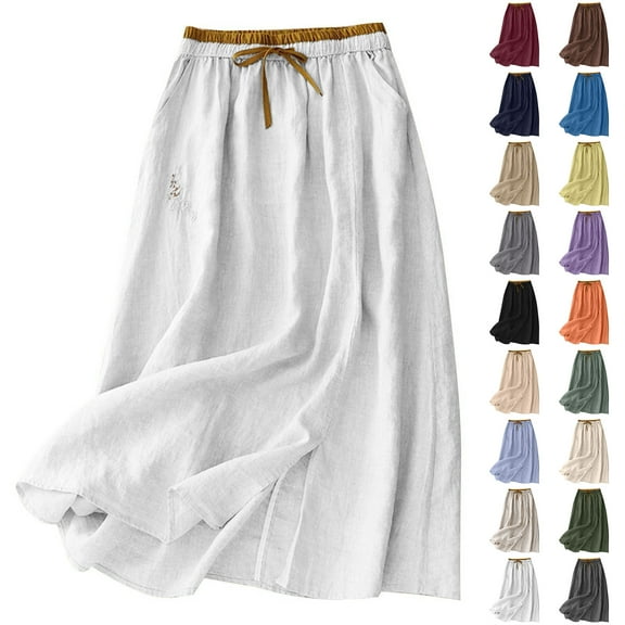 QATAINLAV Linen Skirts for Womens Dressy Embroidery Mid Long Skirts Lightweight Casual Drawstring High Waisted Maxi Skirt, Gray, M, Gifts for Mom