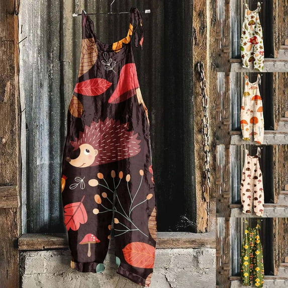 QATAINLAV Linen Summer Jumpsuits for Women Trendy Mushroom Print Hippie Overalls Sleeveless Adjustable Strap Romper Casual Wide Leg One Piece Pants with Pockets Todays Sales Brown L