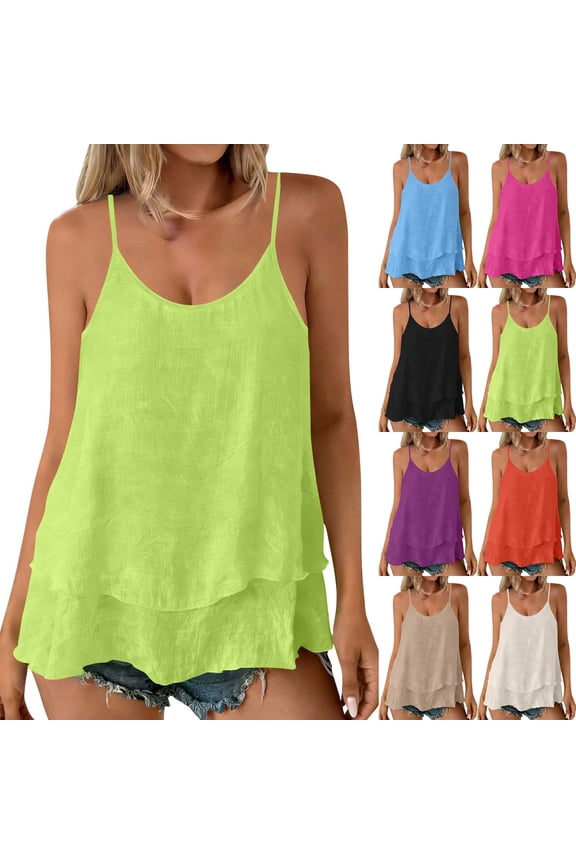 Linen Tank Tops for Women Spaghetti Strap Sleeveless Camisole Summer Ruffle Layer Lightweight Gauze Shirts Black XXL