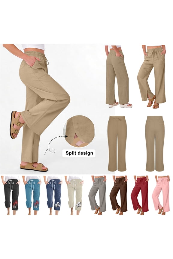 Linen Wide Leg Pants for Women Summer Split Ankle Flowy Beach Pant Drawstring High Waisted Palazzo Trousers with Pockets Pink S