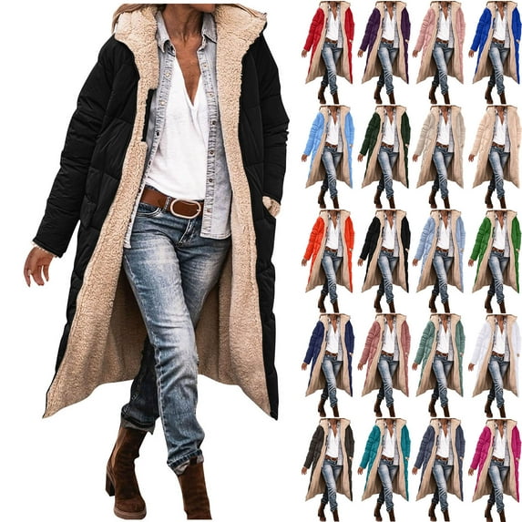 QATAINLAV Long Puffer Coat for Women Oversized Reversible Fleece Jackets Winter Warm Sherpa Lined Hooded Outerwear, Blue, M