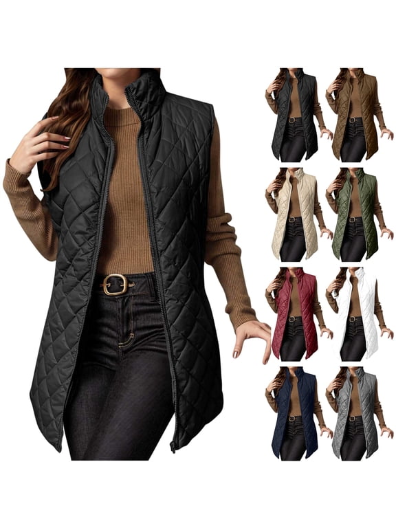 Long Puffer Vest Womens Winter Quilted Down Vests Casual Stand Collar Full Zip Sleeveless Jacket Outerwear with Pockets, Brown, XL