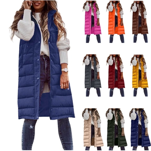 QATAINLAV Long Puffer Vest for Women Sleeveless Quilted Jacket Solid Color Warm Winter Coats with Hood, Dark Gray, L