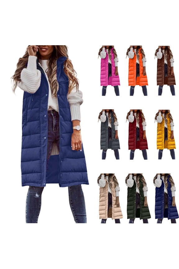 Long Puffer Vest for Women Sleeveless Quilted Jacket Solid Color Warm Winter Coats with Hood, Dark Gray, S