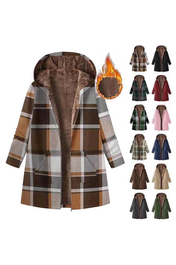 Long Sherpa Jacket for Women Casual Zip up Hooded Jackets Fashion Plaid Winter Coats with Pockets, Khaki, XL