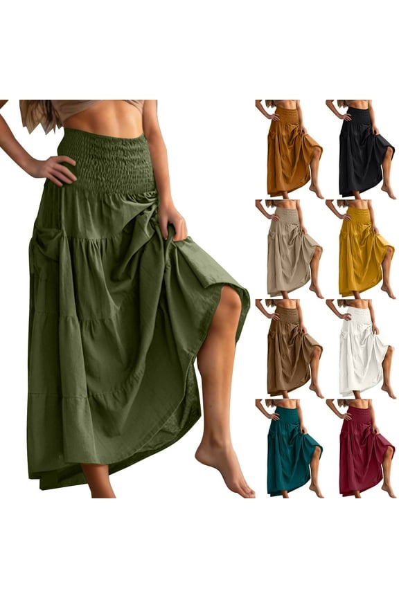 Long Skirts for Women Casual Elastic Waist Pleated Tiered Midi Skirt Layered Ruffle Flowy Boho Beach Skirts, Army Green, S, Mother's Day Gifts