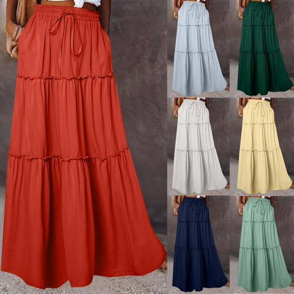 QATAINLAV Long Skirts for Women Drawstring Elastic High Waisted Boho Maxi Skirt A Line Flowy Pleated Skirts with Pockets, Army Green, L,