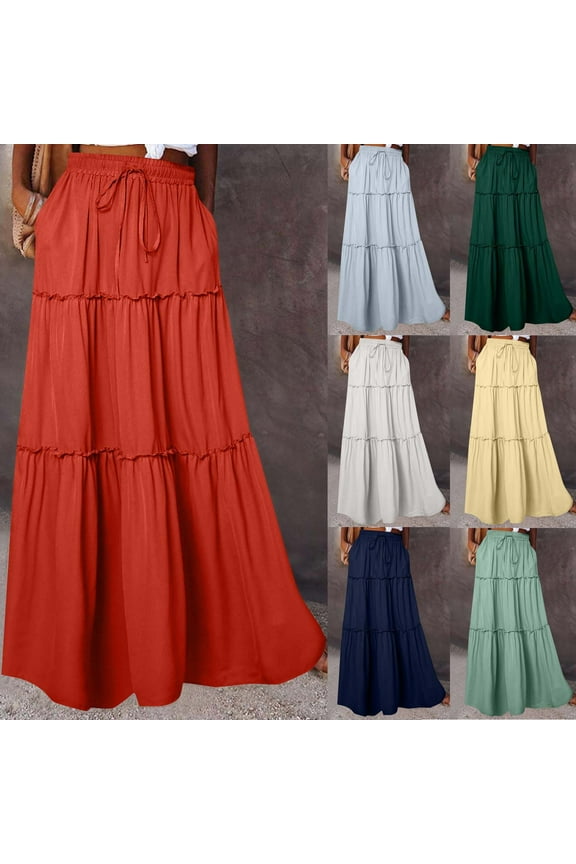 Long Skirts for Women Drawstring Elastic High Waisted Boho Maxi Skirt A Line Flowy Pleated Skirts with Pockets Red M