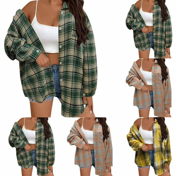 QATAINLAV Long Sleeve Plaid Shirts Womens Classic Button Down Flannel Shirts Outdoor Loose Fit Shackets Casual Business Blouse Top with Pockets Best Sales Today Orange XL