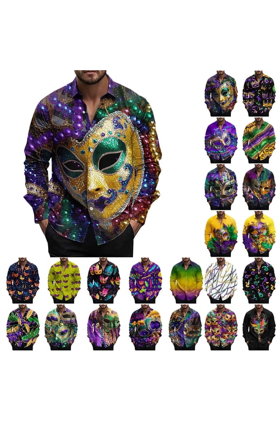 Mens Mardi Gras Shirt Long Sleeve Novelty Funny Button Down T-Shirt Carnival Graphic Laple Collar Blouse Tops Holiday Streetwear Multicolor XXL Gifts for Mom