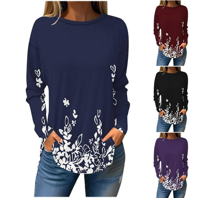 QATAINLAV Long Sleeve Shirts for Women 2024 Fall Round Neck Pullover