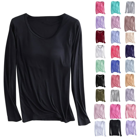 QATAINLAV Long Sleeve Shirts for Women Comfy Soft Modal Cotton Underwear Casual Loose Basic Solid Tees with Built in Bra 2025 Fall Pajamas Loungewear Sales Prime Pink L