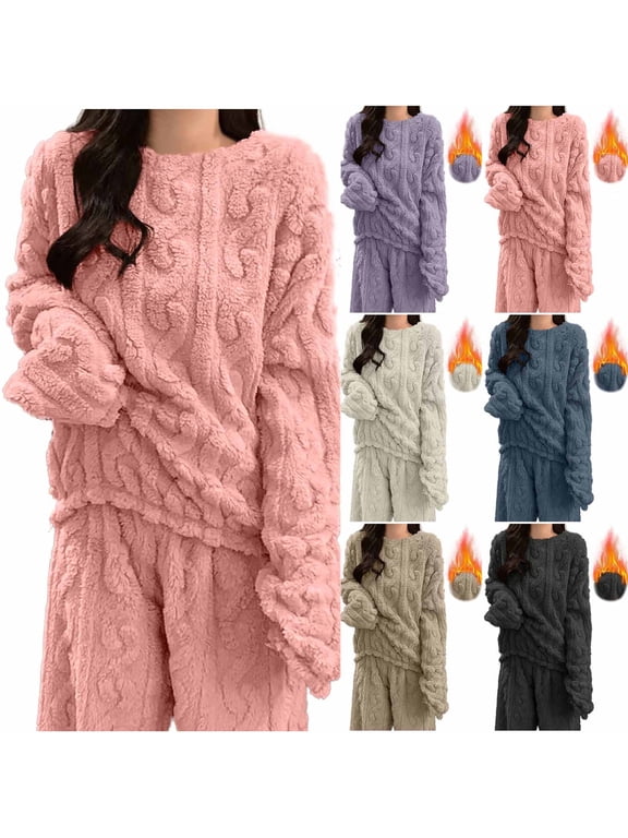 Long Sleeve Shirts for Women Fuzzy Warm Crewneck Pullover Sweaters Cable Ribbed Fleece Thermal Pajama Tops Flannel Loungewear, Purple, Free Size
