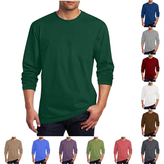 QATAINLAV Long Sleeve Shirts for Men Solid Color Casual Cotton Basic Tees Shirts Round Neck Pullover Big and Tall Tops, Dark Blue, M