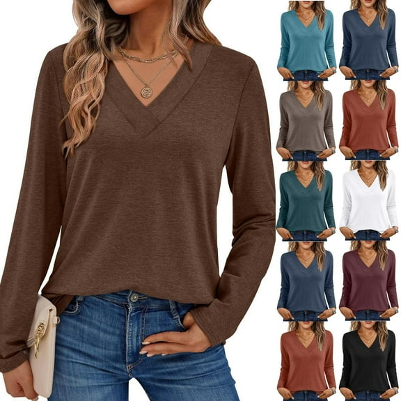 QATAINLAV Long Sleeve Shirts for Women Casual Comfortable V Neck Tops Solid Color Basic Tees Blouses Fashion Clothes, Watermelon Red, S