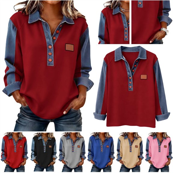 QATAINLAV Long Sleeve Shirts for Women Denim Collared Patchwork Pullover Blouse Button Up Lapel Polos Shirt Going Out Tops Beige L