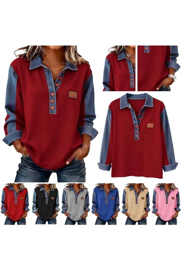 Long Sleeve Shirts for Women Denim Collared Patchwork Pullover Blouse Button Up Lapel Polos Shirt Going Out Tops Pink XXL