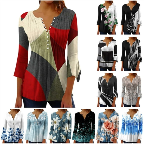 QATAINLAV Long Sleeve Shirts for Women Fall Fashion Clothes Boho Floral Print Tunic Tops Button V Neck Casual Blouses, Multicolor, S