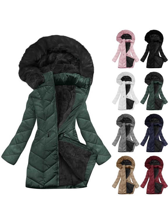 Long Winter Coats for Women Removable Hood Zip Up Puffer Jacket for Cold Weather Windproof with Fleece Lining, Army Green, XL