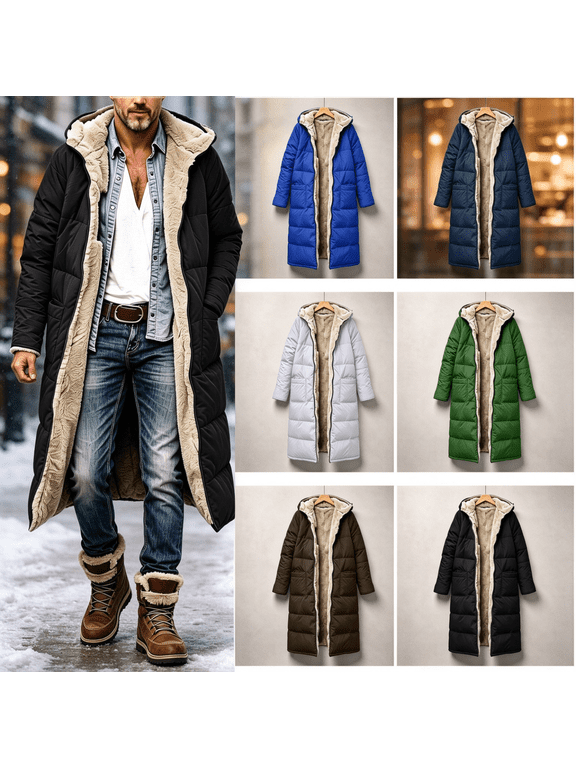 Long Winter Jackets for Man Shearling Fleece Lined Puffer Coats Thermal Warm Zip Up Hooded Quilted Jacket with Pocket