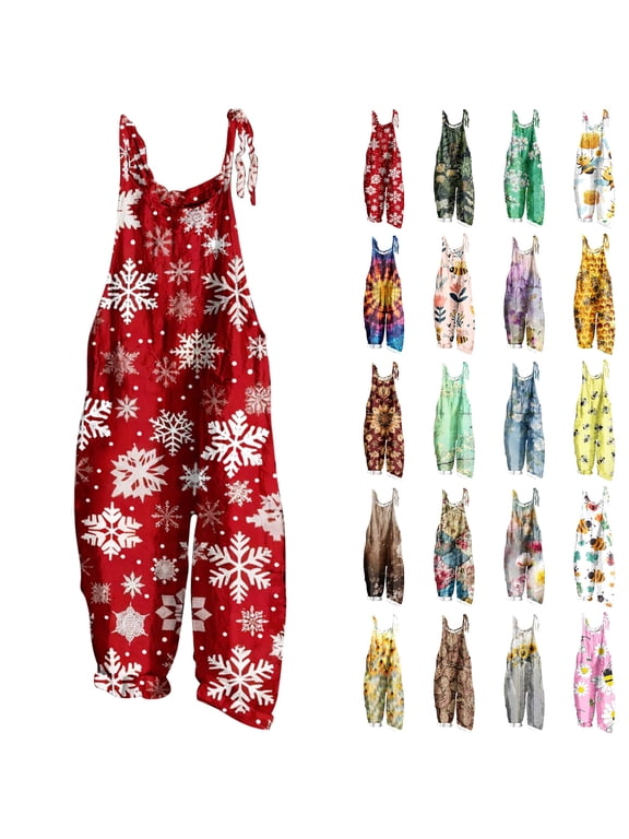 Loose Fit Jumpsuits for Women Adjustable Straps Cute Rompers Funny Graphic Wide Leg Overalls Summer Linen Playsuit with Pockets, Hot Pink, XL