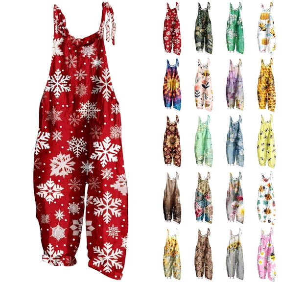 QATAINLAV Womens Cute Graphic Print Jumpsuits Casual Linen Adjustable Straps Overalls Vacation Wide Leg Rompers with Pockets, White, XXL