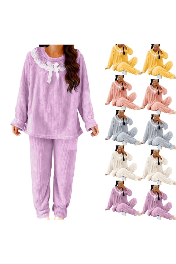 Lounge Sets for Women Warm Flannel Pajama 2 Piece Outfits Long Sleeve Pullover Tops and Pants Fleece Sleepwear, Yellow, XL