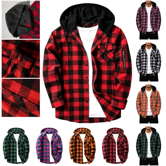 QATAINLAV Male Plaid Hooded Shirt Jacket Outdoor Long Sleeve Button Down Shacket with Pockets Orange M