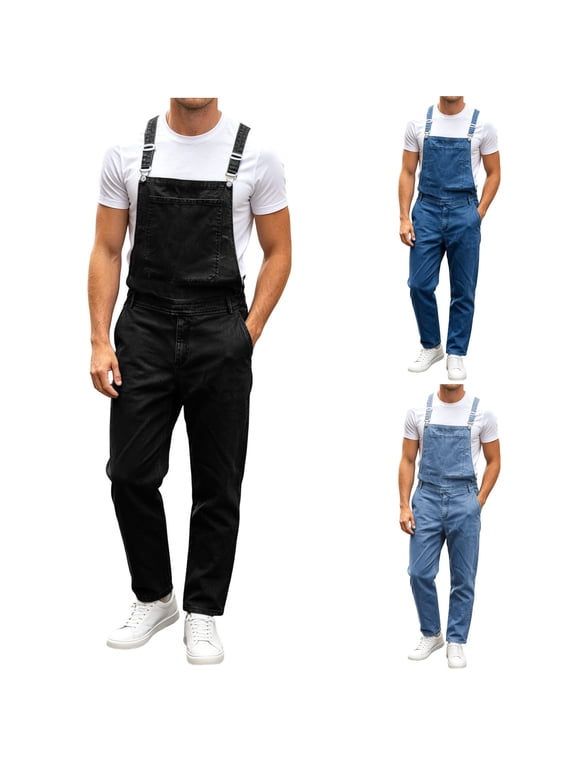 Man Denim Bib Overall Casual Fashion Workwear Adjustable Strap Loose Fit Hipper Jean Jumpsuit with Pockets Blue XXXL
