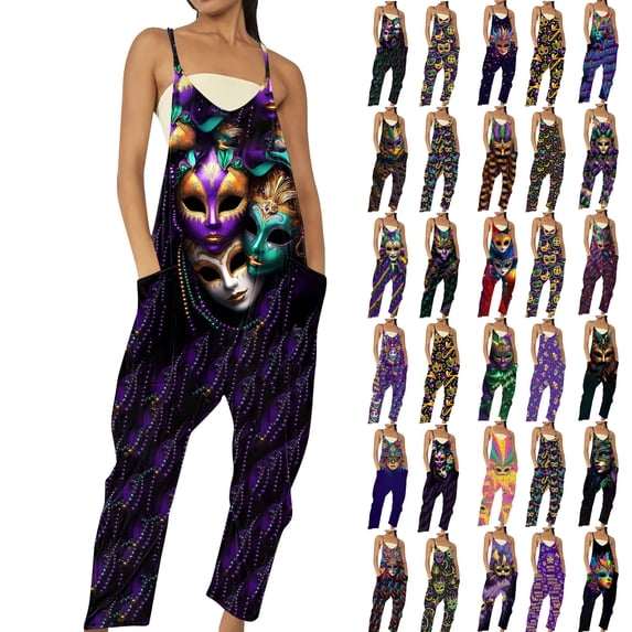 QATAINLAV Mardi Gras Outfit for Women Cotton Loose Fit Wide Leg Jumpsuits Casual Sleeveless Mask Graphic Print One Piece Pants with Pockets Gold M Back To College Sales