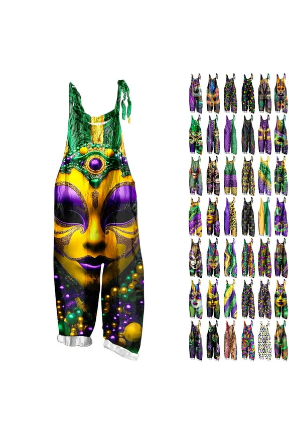 Mardi Gras Outfit for Women Plus Size Cotton Linen Jumpsuits Casual Loose Adjustable Strap Jumper Pants Holiday Wide Leg Rompers with Pockets Multicolor XXL Hoy Oferta Flash