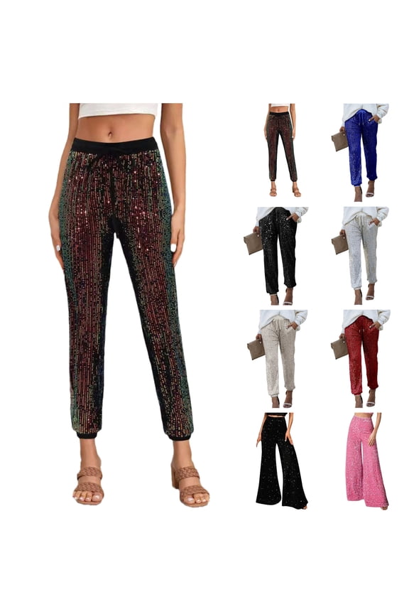 Mardi Gras Pants for Women 2025 Fashion Glitter Sequins Pants Casual Drawstring High Waisted Jogger Sweat Pants Clubwear Birthday Gifts Multicolor S