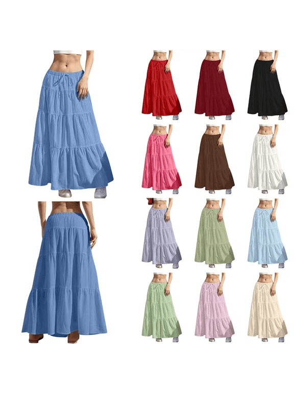 Women's Flowy Flared Ruffle Boho Long Skirt Vacation Casual High Waist Drawstring Tiered Pleated Skirts Going Out Outfits Purple XXL