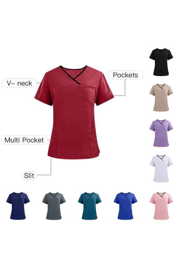 Medical Scrub Tops for Women Men Breathable V-Neck Petite Scrubs Tops Short Sleeve Shirt Soft Stretch Workwear with Pockets Red,L