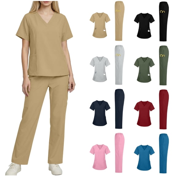 QATAINLAV Medical Uniform Scrubs for Women Set V Neck Tops and Pants 2 Piece Outfits Solid Color Short Sleeve Workwear with Pockets Navy XL