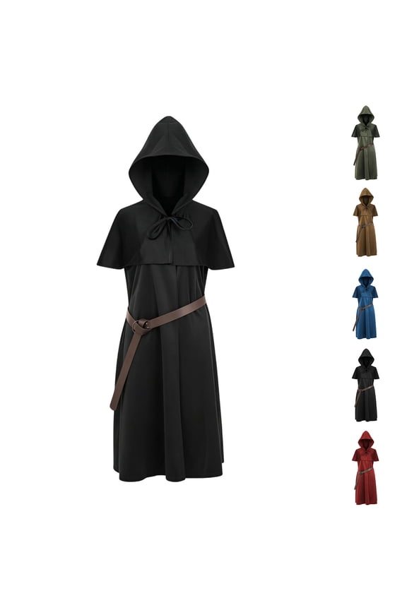 Medieval Monk Robe Hooded Cloak with Belt 2 Piece Sets Halloween Cosplay Costume Short Sleeve Renaissance Priest Capes Black XL