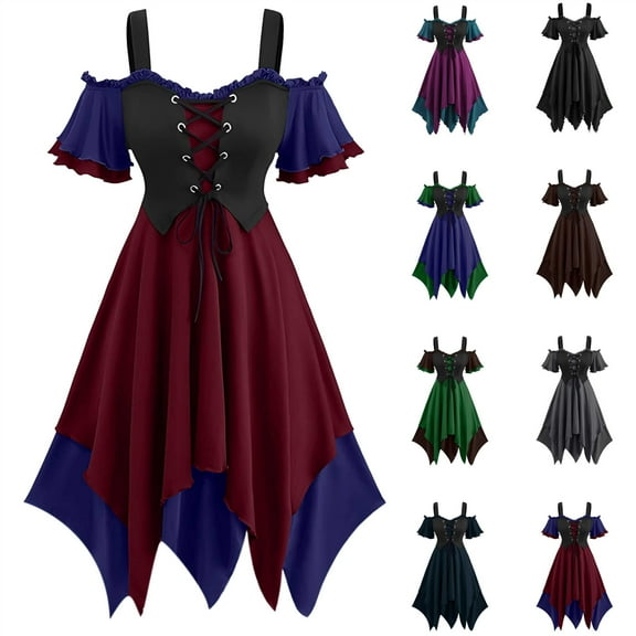 QATAINLAV Medieval Renaissance Costume for Women Cold Shoulder Corset Dresses Halloween Ruffle Layered Gothic Punk Dress, Purple, L