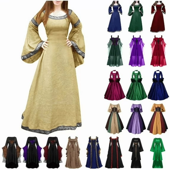 QATAINLAV Medieval Renaissance Dress for Women Long Sleeve Maxi Dresses Vintage Court Dress Halloween Costume, Blue, L