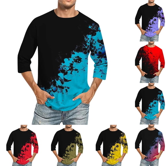 QATAINLAV Men 3/4 Sleeve Athletic Shirt Loose Fit Muscle Pullover Tops Fashion Tie Dye Prints Tshirts Casual Crew Neck Blouses Best Sales Today Khaki M