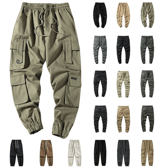 QATAINLAV Men Cargo Pants Casual Drawstring Waist Work Trousers Outdoor Elastic Bottom Jogger Hiking Pants with Pockets, Black, XXL