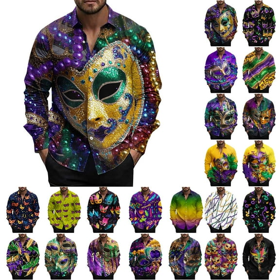 QATAINLAV Men Long Sleeve Mask Graphic Shirts 2025 Mardi Gras Outfits Casual Button Down Blouse Tops Funny Carnival Hawaiian Shirts Multicolor S Dollar Sales